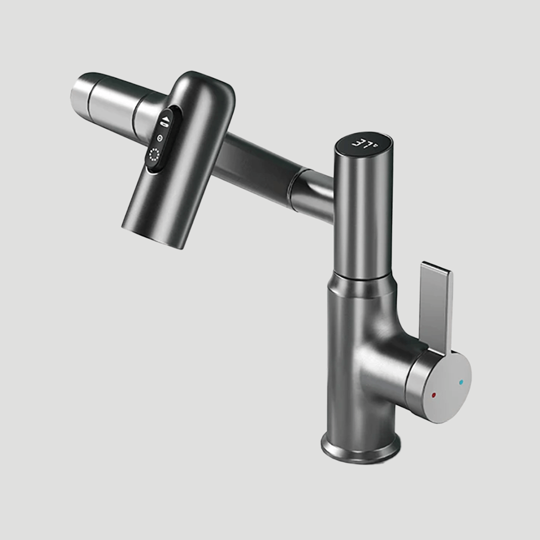 Innovative bathroom faucet with clear LED temperature display and a convenient 360° swivel design.