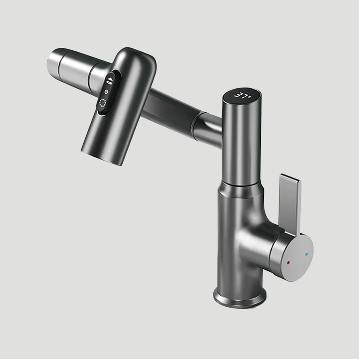 Innovative bathroom faucet with clear LED temperature display and a convenient 360° swivel design.