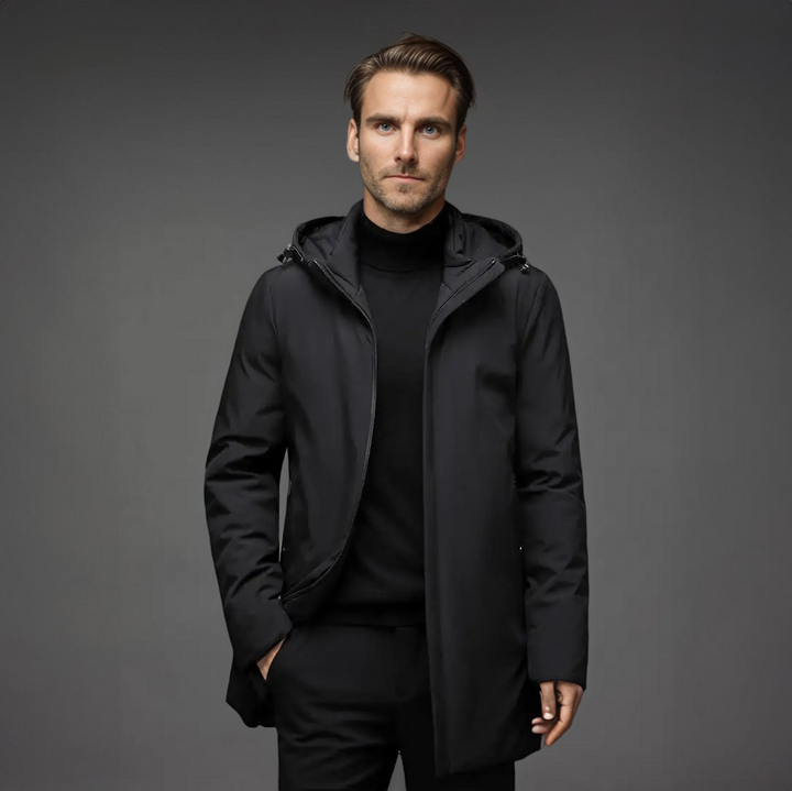 Modern black men's hooded winter jacket, stylish & insulated for cold weather. Tailored fit, urban fashion.