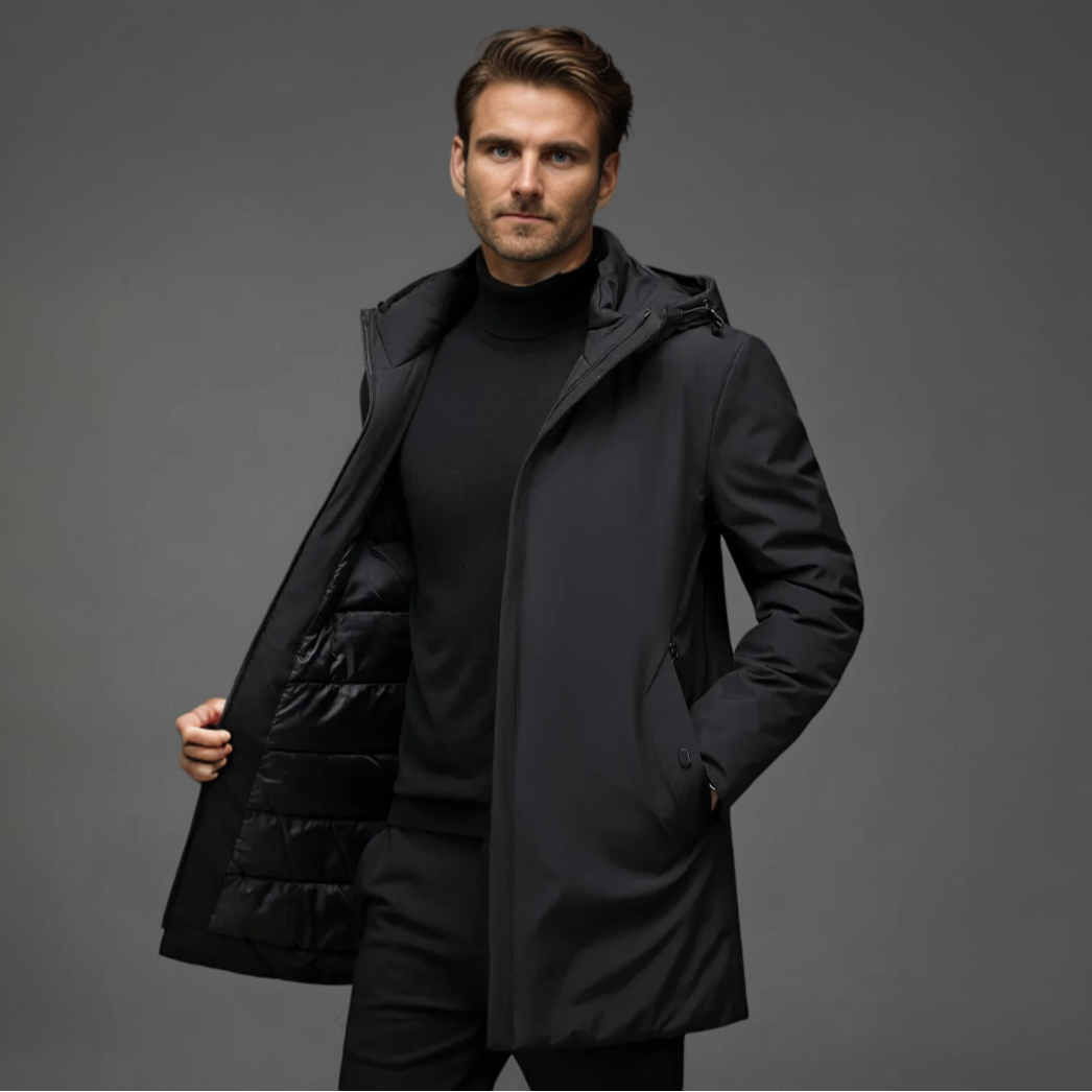 Men's gray hooded winter coat, insulated & designed for extreme cold. Business casual style.
