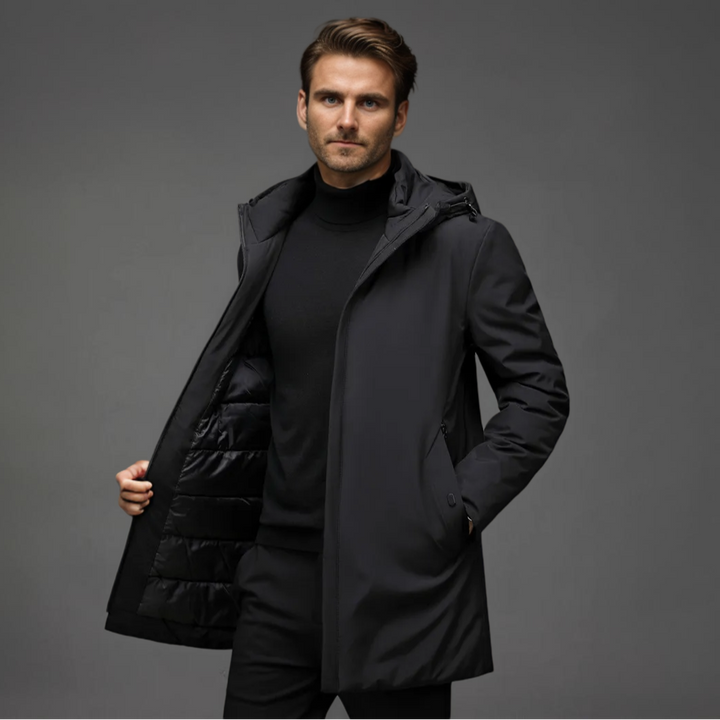 Men's gray hooded winter coat, insulated & designed for extreme cold. Business casual style.