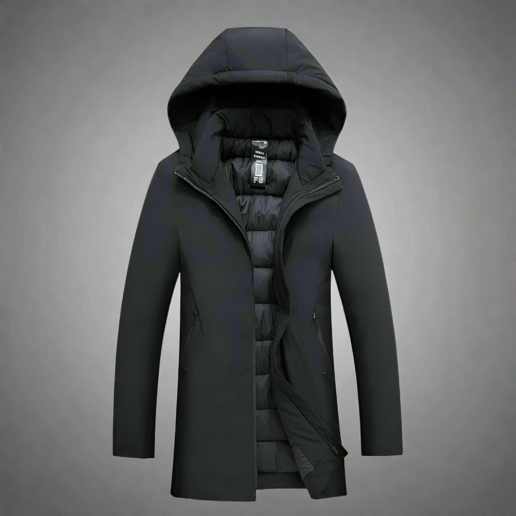 Stylish men's black winter jacket with hood, tailored fit, perfect for urban cold weather.