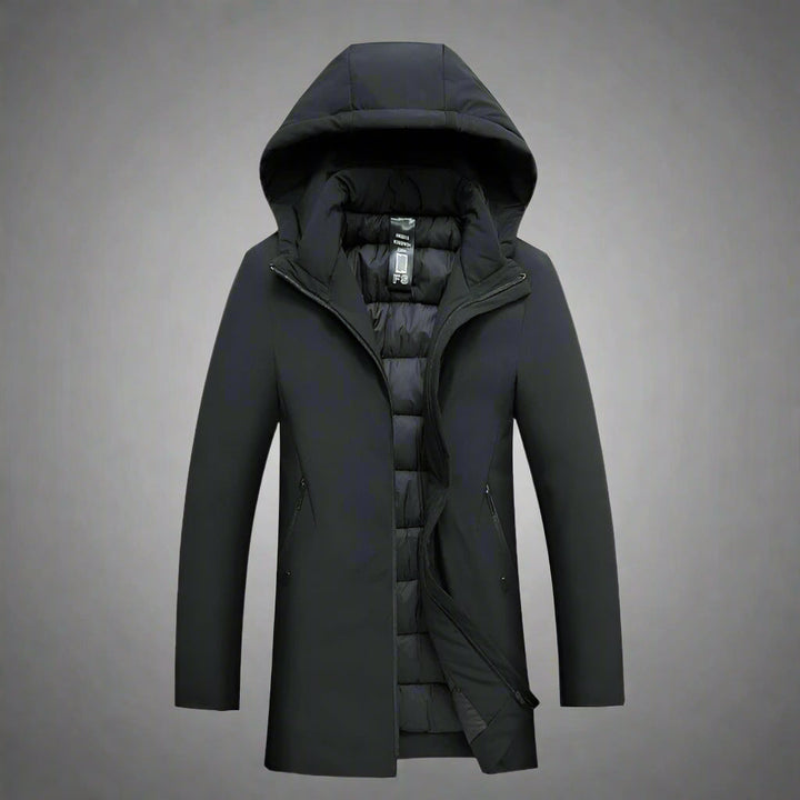 Stylish men's black winter jacket with hood, tailored fit, perfect for urban cold weather.