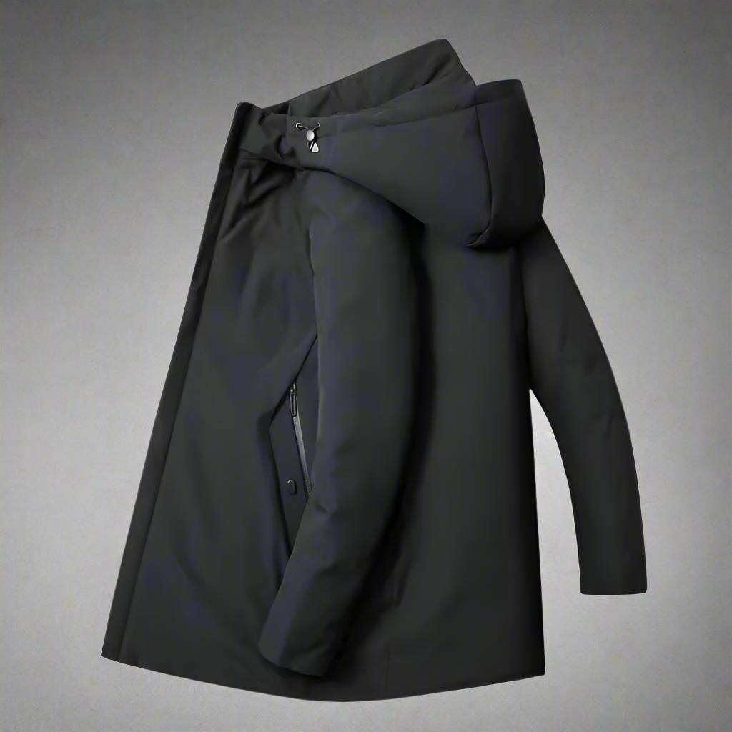 Insulated men's modern winter coat in black, ideal for cold weather & business casual outfits.
