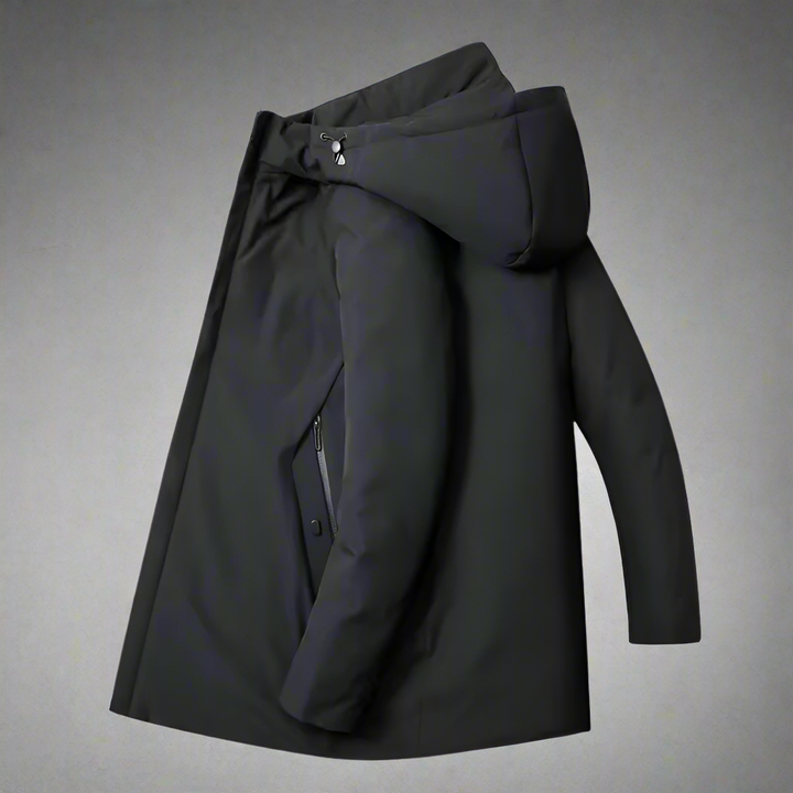 Insulated men's modern winter coat in black, ideal for cold weather & business casual outfits.