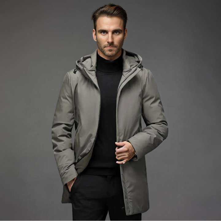 Gray men's hooded winter jacket, warm & stylish. Excellent for cold climates & urban fashion.
