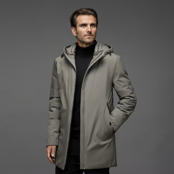 Tailored fit men's hooded winter jacket, insulated for ultimate warmth & modern style.