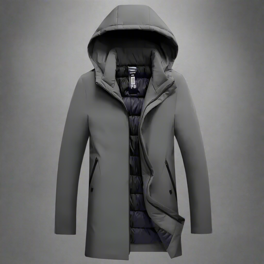 Black men's cold weather hooded jacket, perfect for urban fashion and keeping warm.