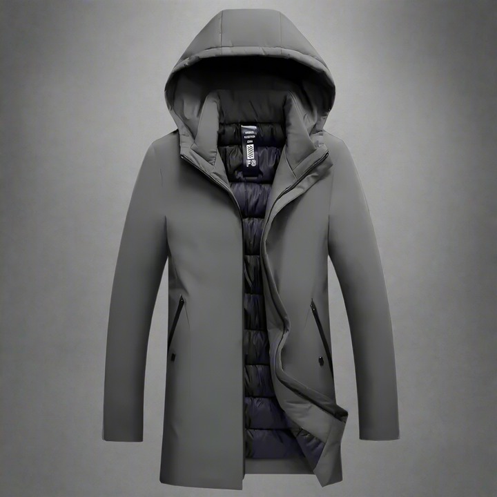 Black men's cold weather hooded jacket, perfect for urban fashion and keeping warm.