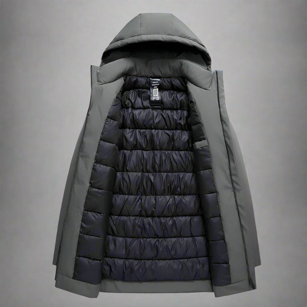 Stylish gray men's winter coat with hood, insulated & comfortable for business casual looks.