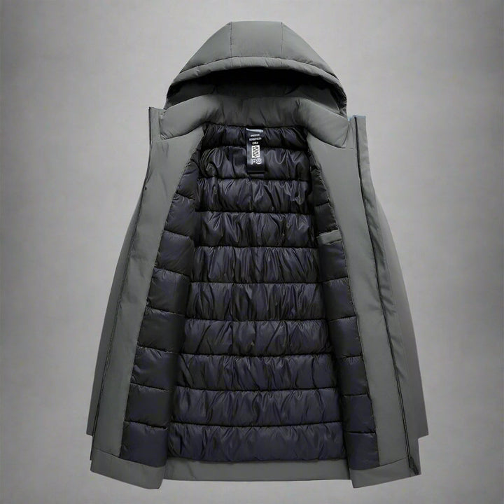 Stylish gray men's winter coat with hood, insulated & comfortable for business casual looks.