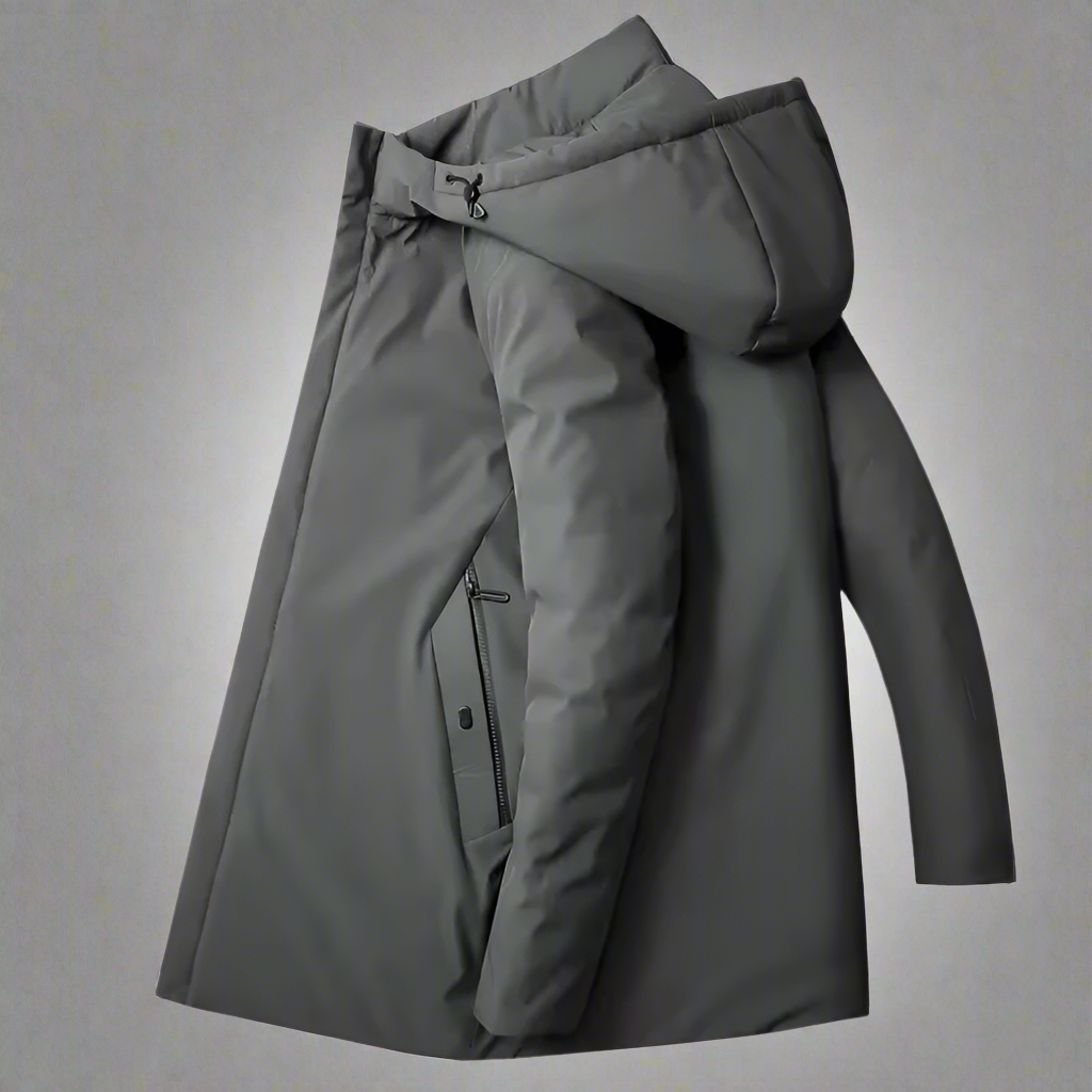 Modern men's insulated hooded winter jacket, ideal for tailored urban fashion in cold weather.