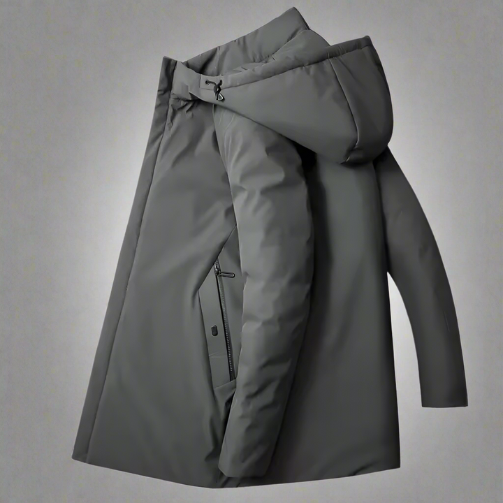 Modern men's insulated hooded winter jacket, ideal for tailored urban fashion in cold weather.