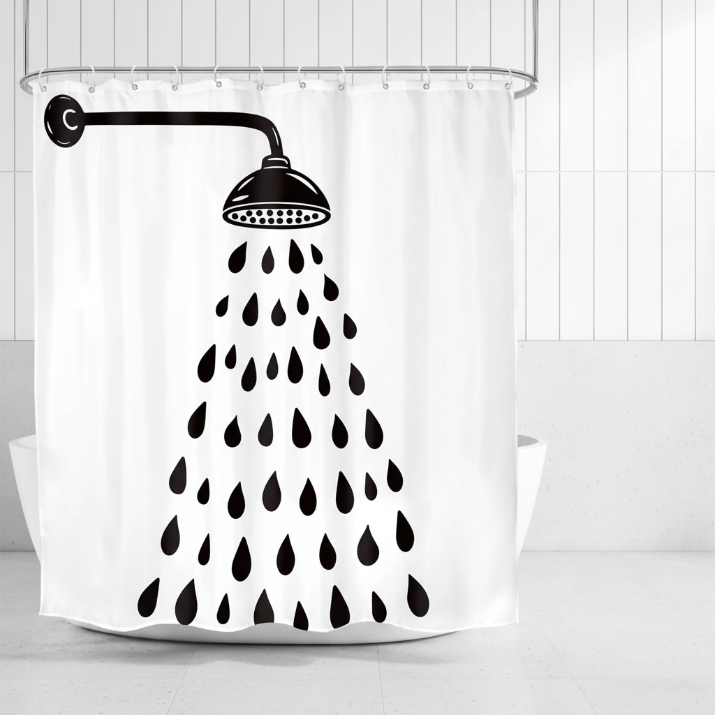 Modern black & white shower curtain with playful drop design. Water-resistant polyester for contemporary bathroom decor.