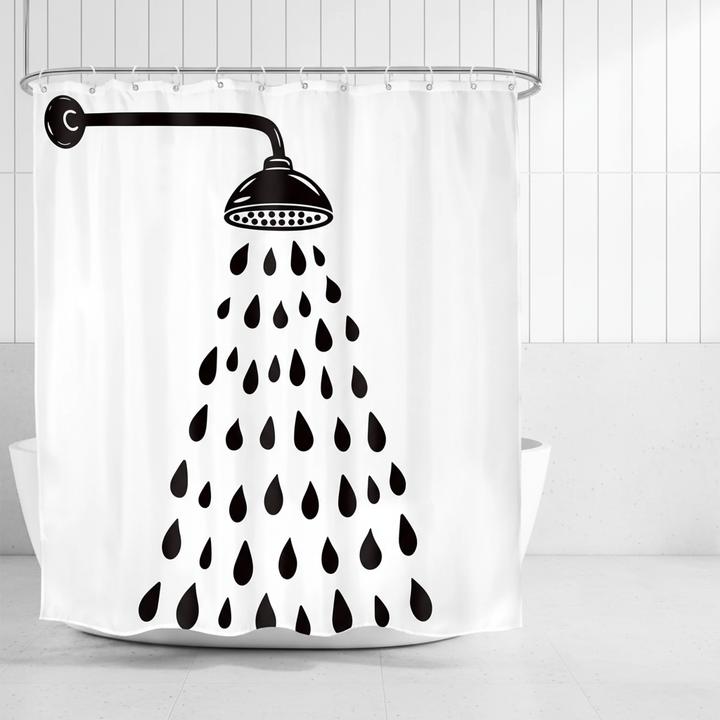 Modern black & white shower curtain with playful drop design. Water-resistant polyester for contemporary bathroom decor.