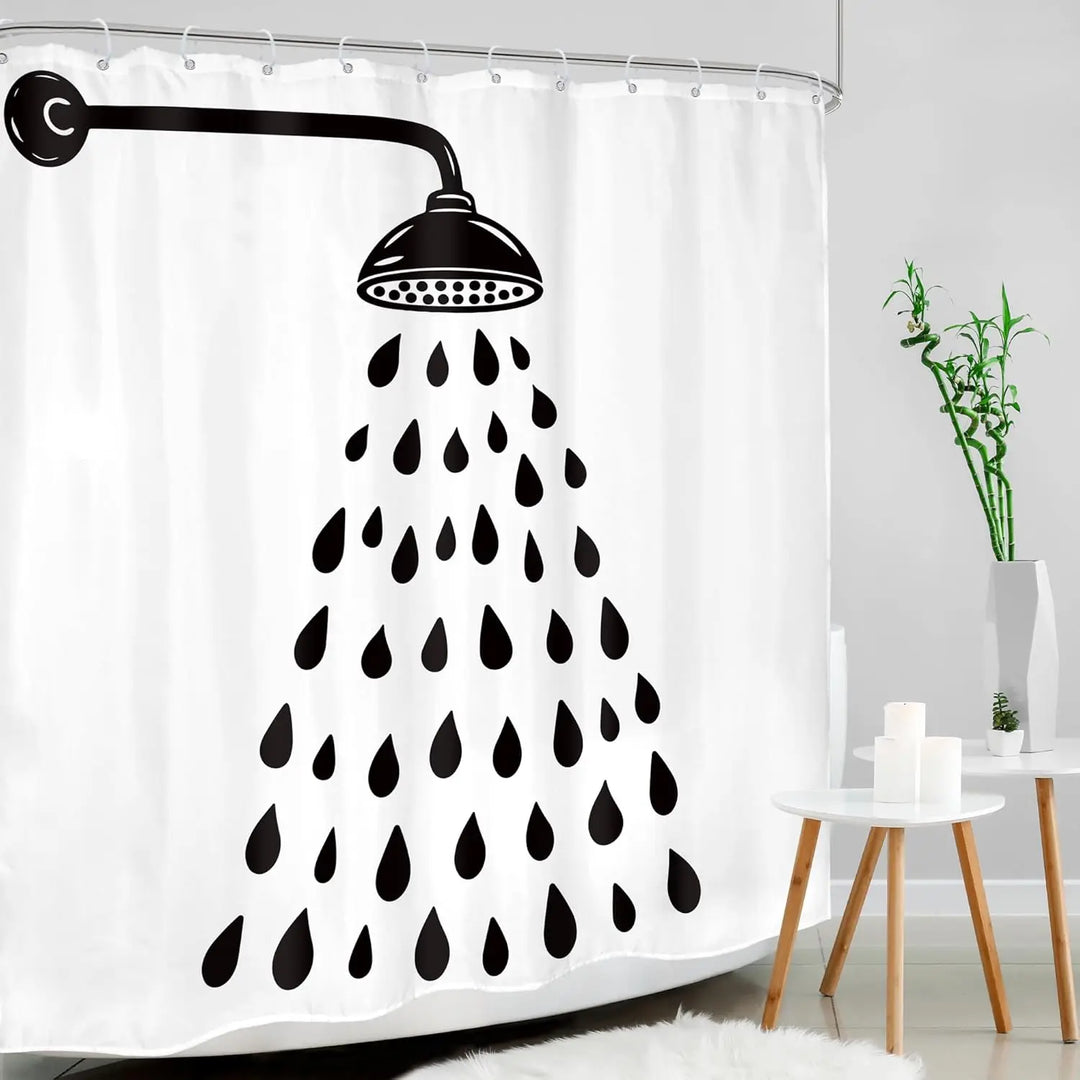 Water-resistant polyester shower curtain with a modern black & white drop design. Perfect for contemporary bathroom privacy.