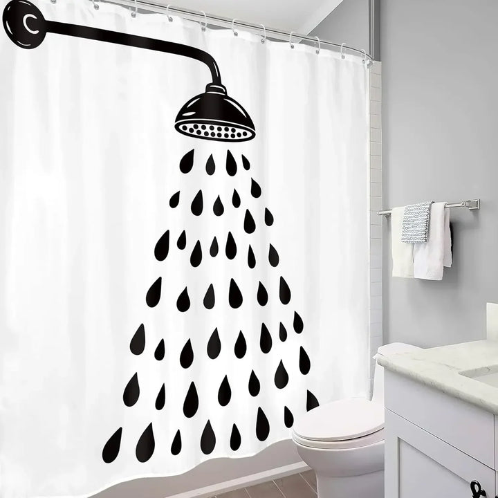 Elegant modern black & white shower curtain featuring a unique playful drop design. Enhances contemporary bathroom decor.