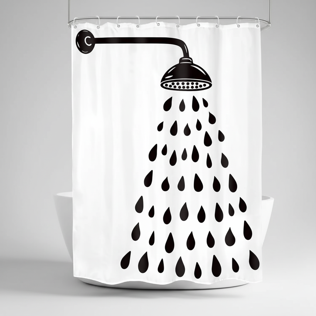 Polyester shower curtain with striking black & white geometric drop design. A modern, easy-clean bathroom home accent.
