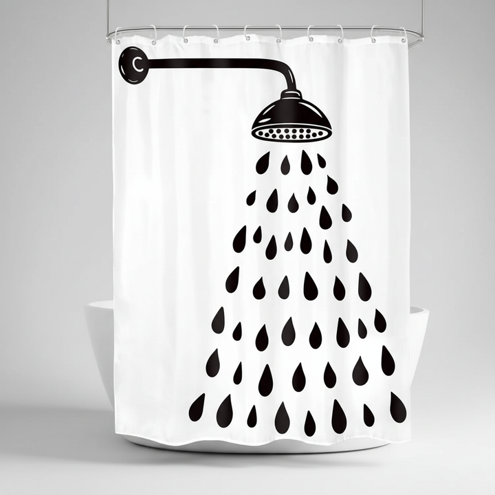 Polyester shower curtain with striking black & white geometric drop design. A modern, easy-clean bathroom home accent.