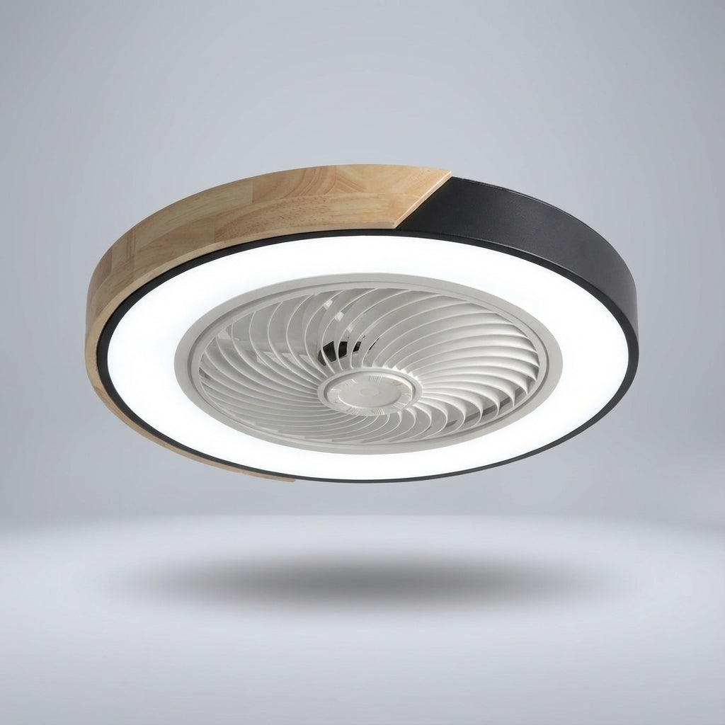 Breezora quiet bladeless LED ceiling fan, remote control for light & fan, modern design for comfort.
