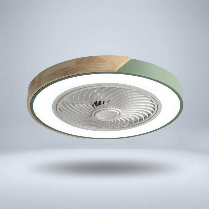 Breezora integrated LED ceiling fan fixture, silent operation, remote control, modern home lighting.