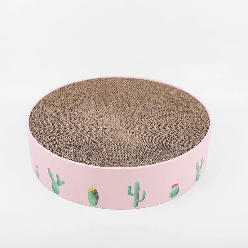 Top view of a unique cactus cat scratching board, featuring a robust cardboard base for pet playtime.
