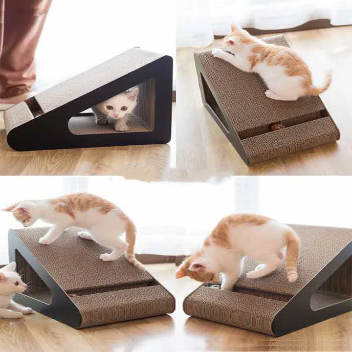 Modern cat scratch board with unique tilting play design, gray. Interactive pet accessory for feline enrichment.