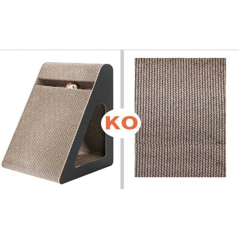Angled cat scratching board, modern design in gray, doubles as interactive cat toy for daily enrichment.