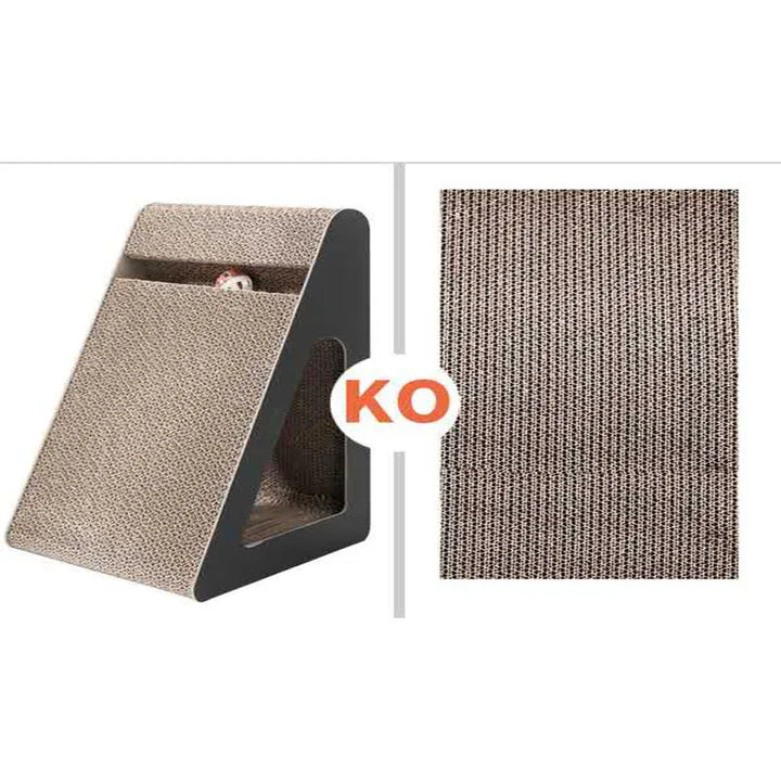 Angled cat scratching board, modern design in gray, doubles as interactive cat toy for daily enrichment.