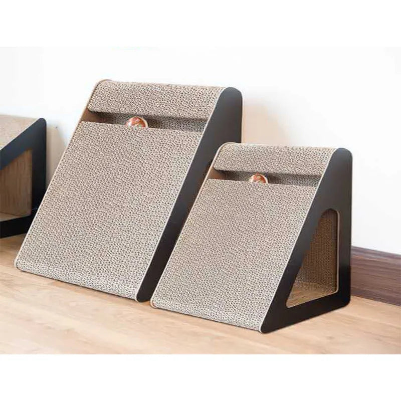 Contemporary gray cat scratch board with tilting feature. Durable pet accessory, ideal for playful felines.