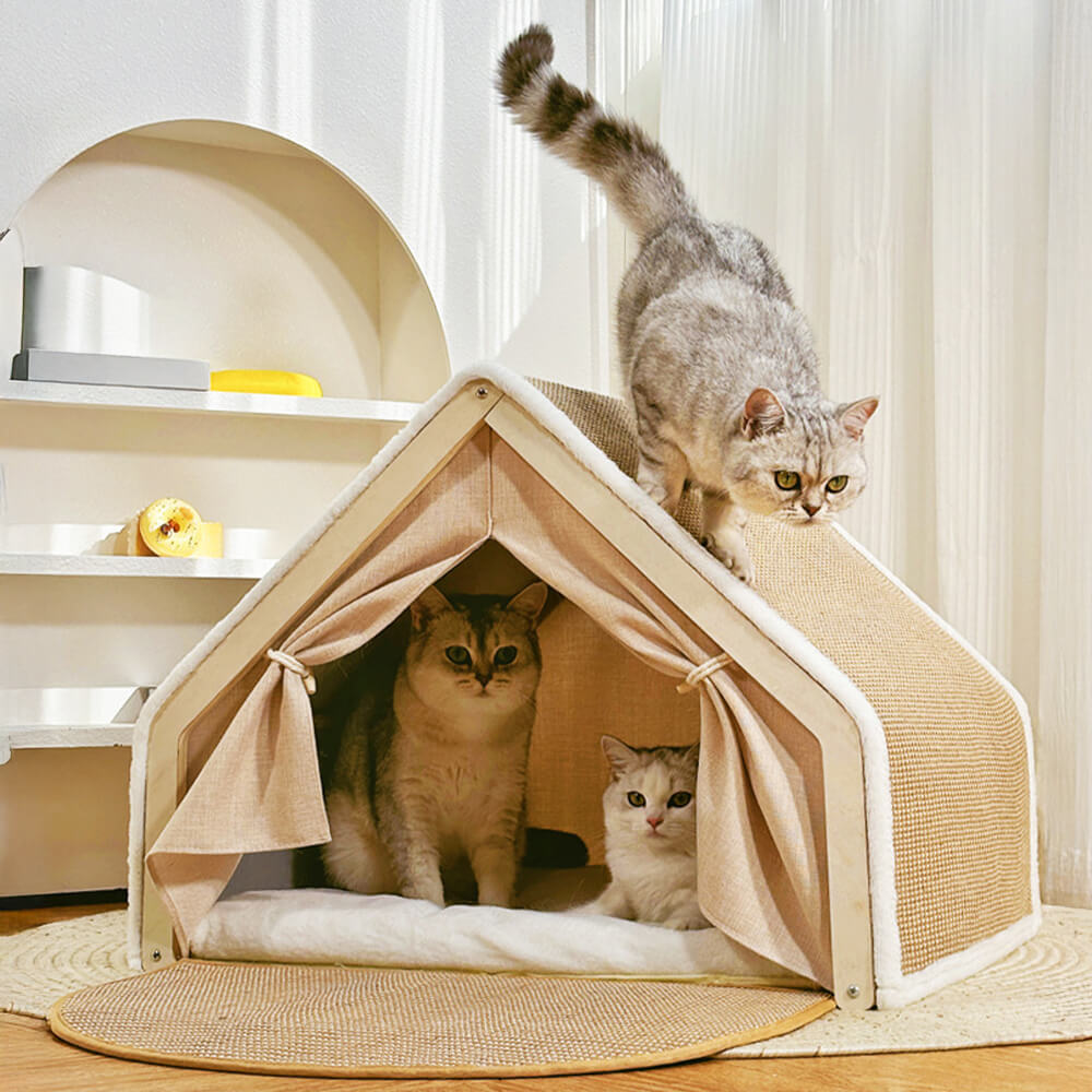 All-in-one gray cat bed and scratcher, a perfect pet house for cats