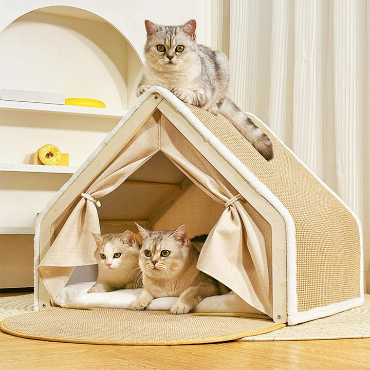 Stylish cat bed and scratcher combo, providing a private pet house