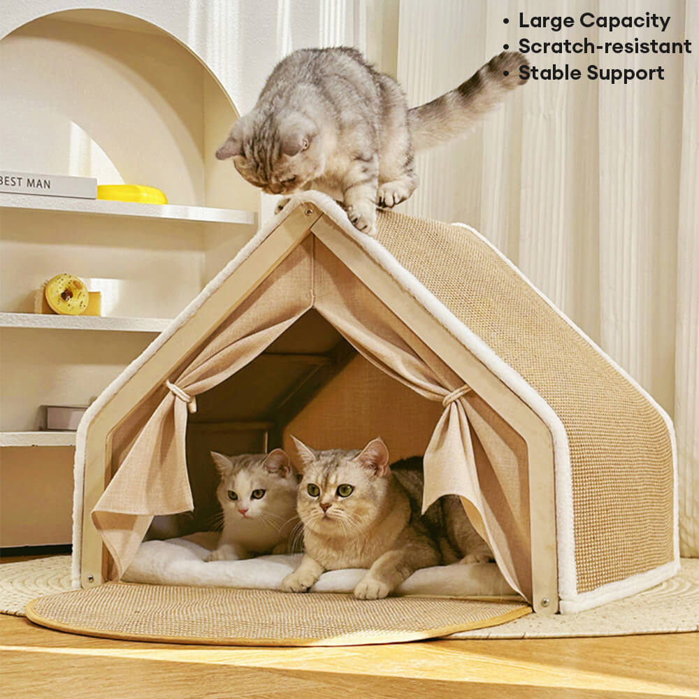 Compact cat cave pet house with an integrated sisal scratch surface