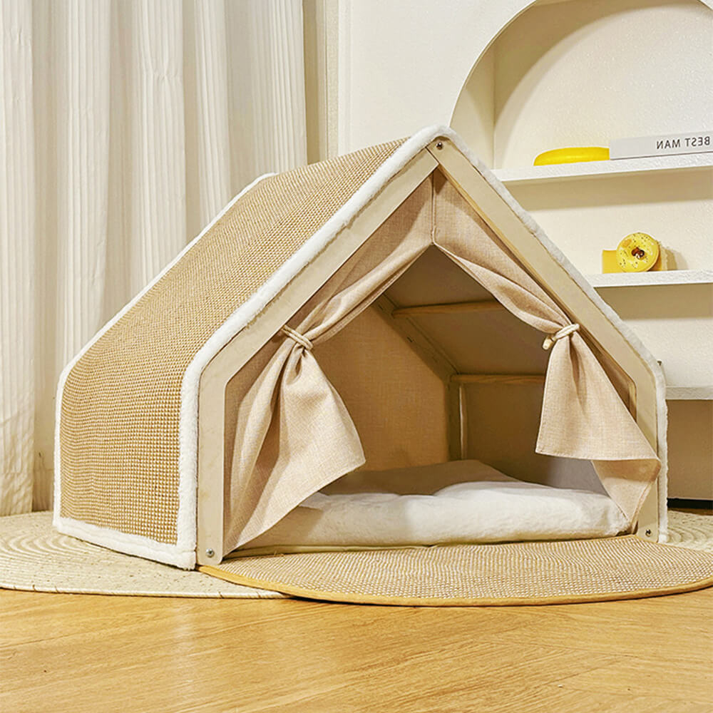 Cozy cat bed inside a pet house, featuring a robust sisal scratch roof