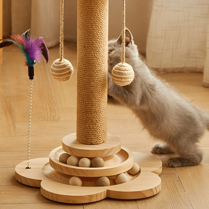 Tall cat scratcher with durable sisal rope and an elevated perch. Essential pet supplies for healthy cat claws.