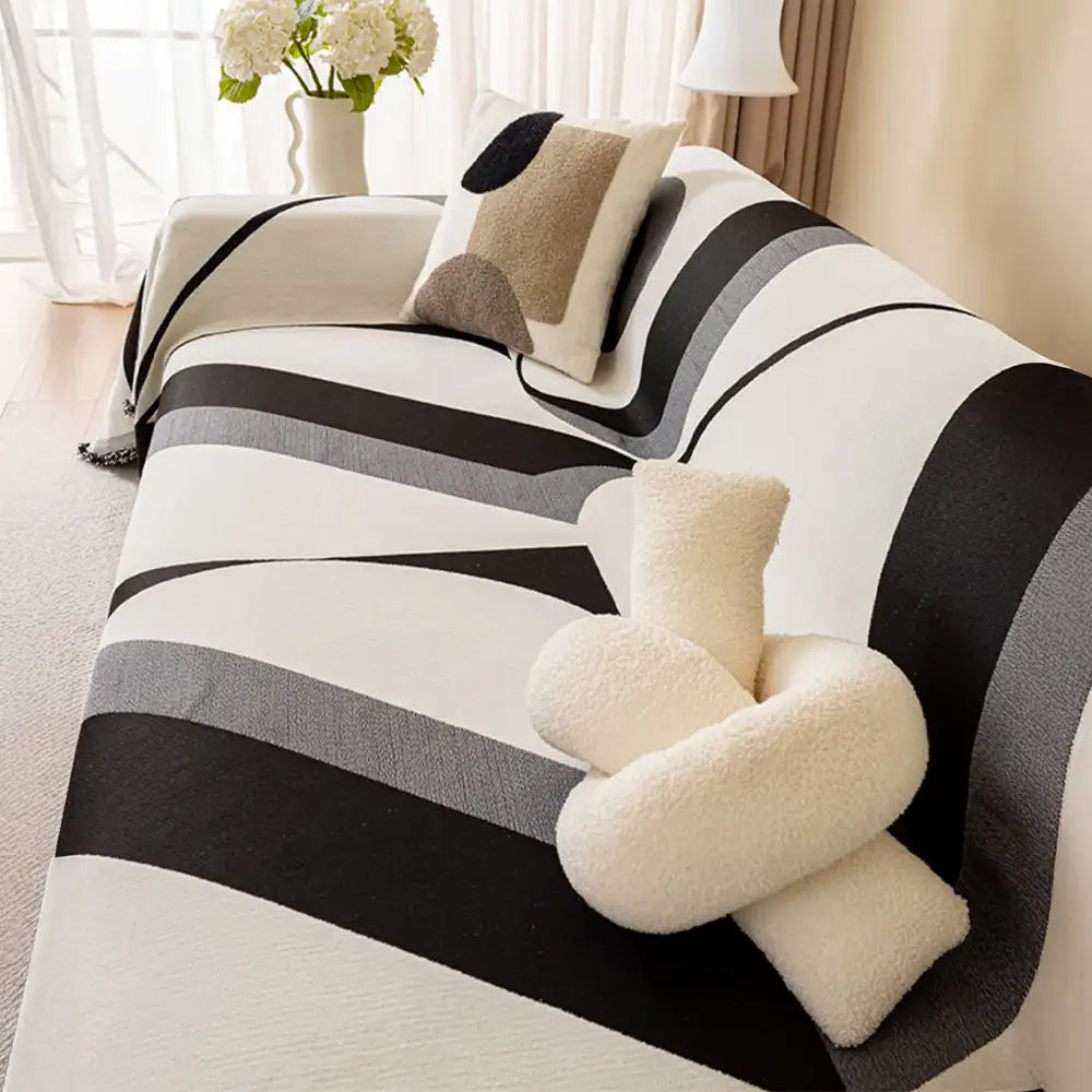 Textured chenille couch cover with fringe, universal fit, easy to clean, for busy households