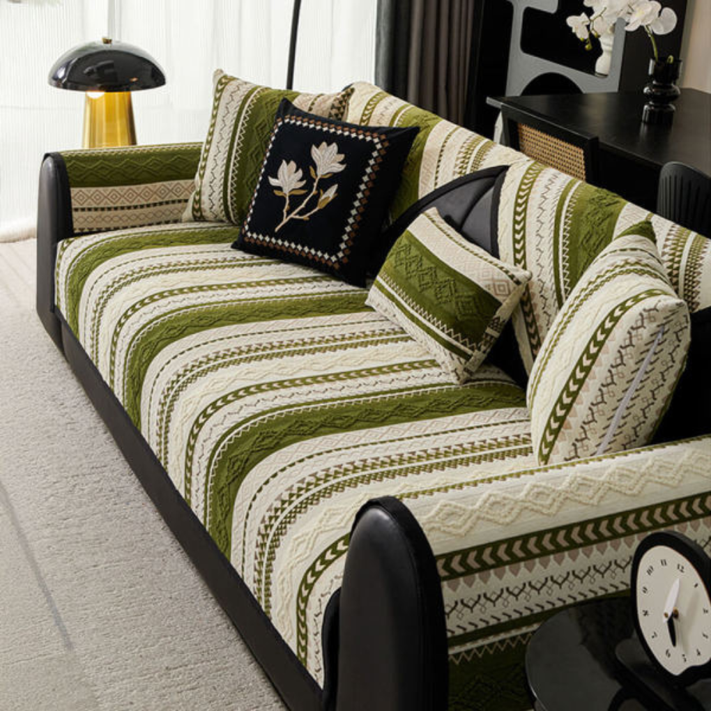 Modern color block suede sofa cover in grey and white, non-slip couch protector for pet friendly furniture