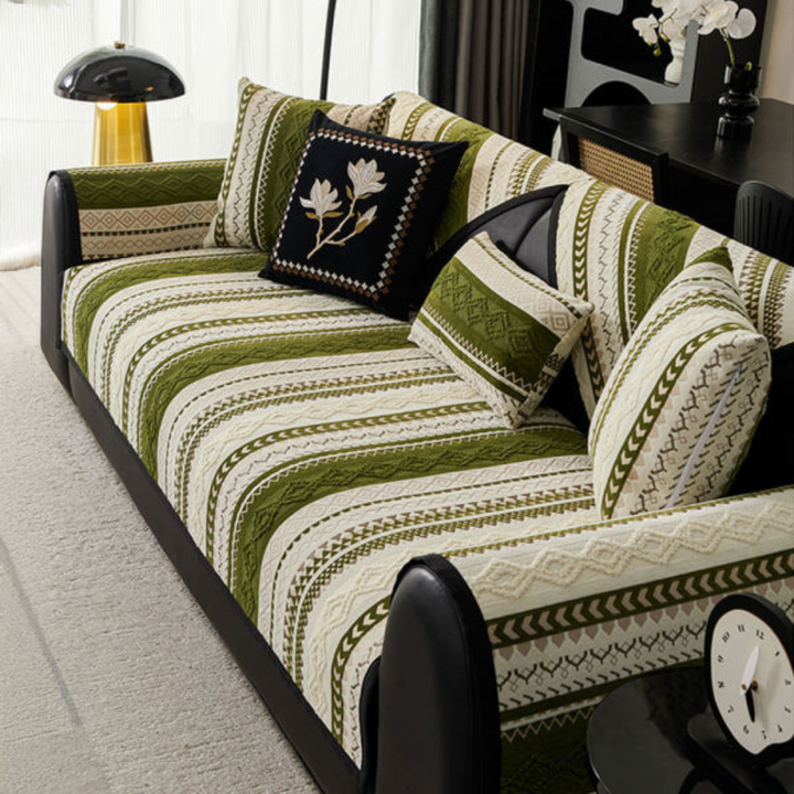 Modern color block suede sofa cover in grey and white, non-slip couch protector for pet friendly furniture