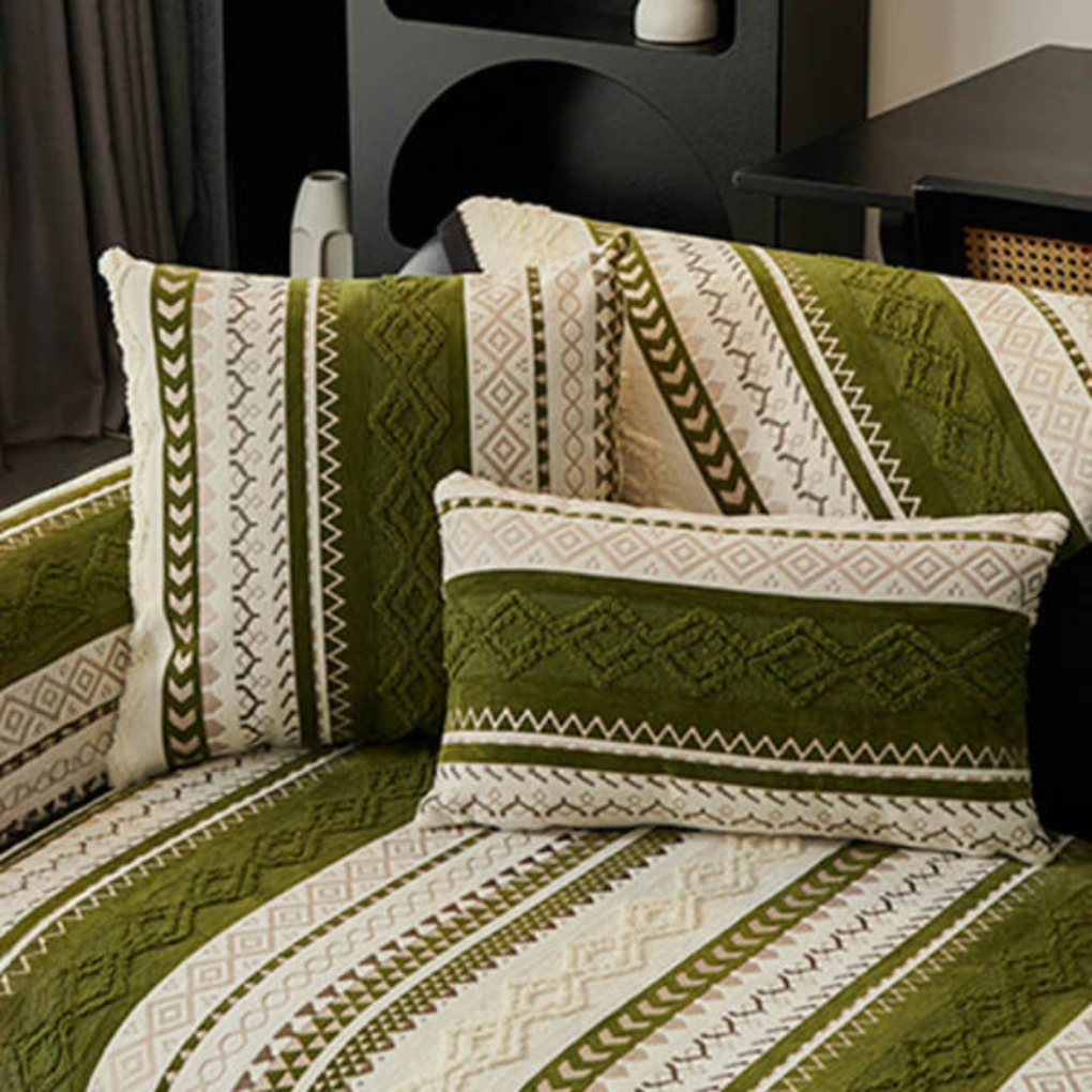 Machine washable color block suede couch protector, offering modern home decor and pet-friendly furniture protection
