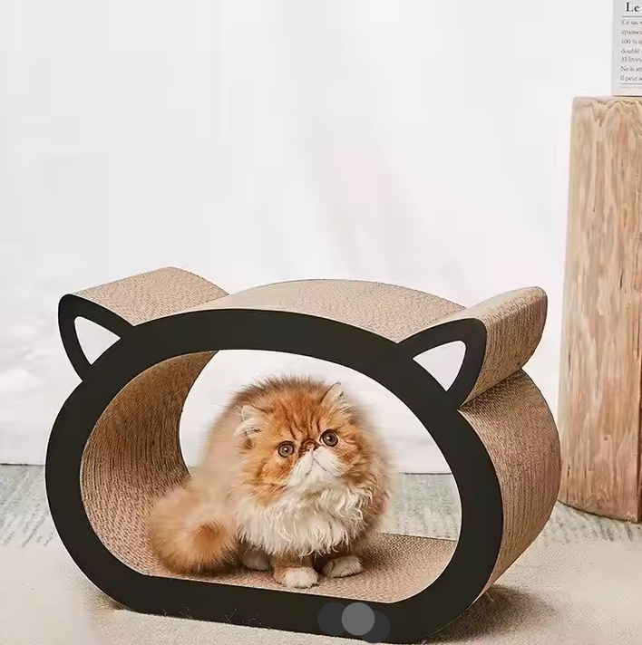 Modern corrugated cardboard cat scratch pad and lounger, durable feline scratcher and pet bed