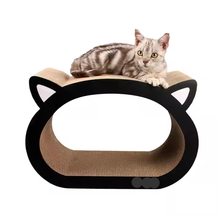 Close-up of the textured corrugated cardboard on a cat scratch pad and lounger, inviting texture