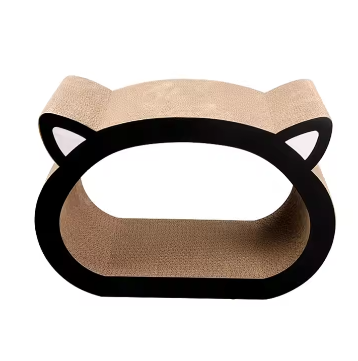 Cat enjoying a nap on a modern corrugated cardboard scratch pad and lounger, comfortable pet bed