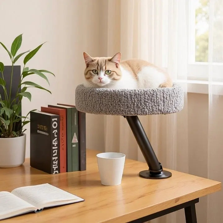 Sustainable pet furniture: beige cat bed attached to desk edge, providing a comfy spot for feline friends.