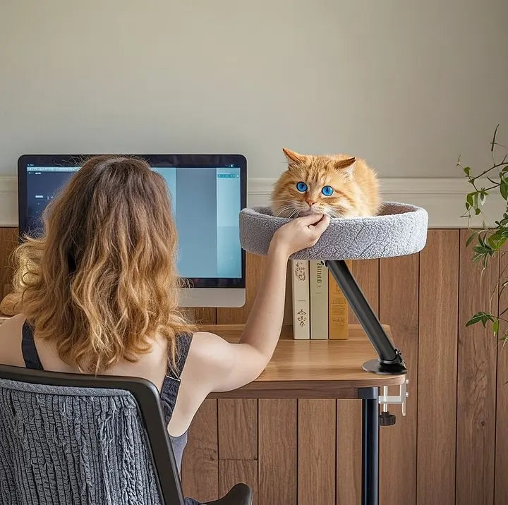 Desk-mounted cat bed with soft white cushion, giving cats a cozy perch to oversee workspace activities.