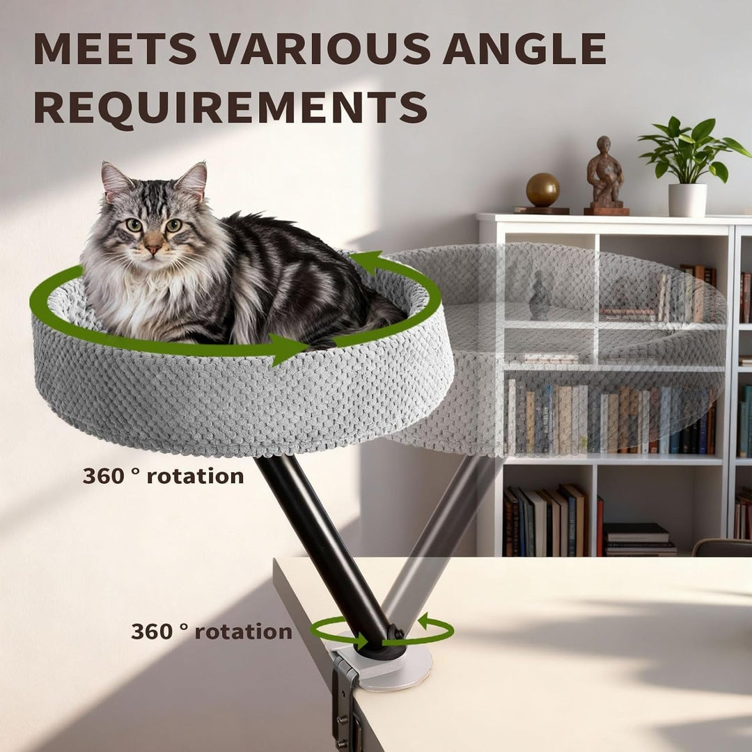 Ergonomic cat accessory for your desk; a mounted cat bed in natural wood for a modern pet.