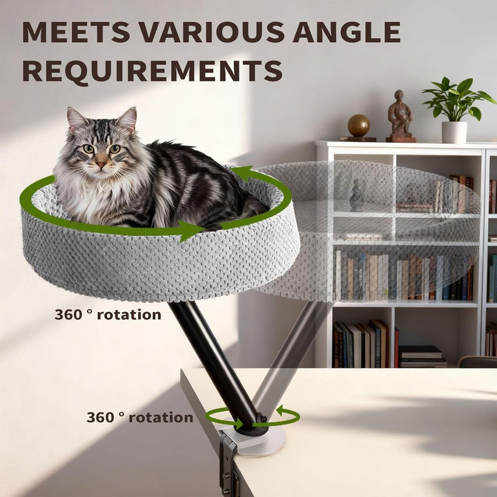 Ergonomic cat accessory for your desk; a mounted cat bed in natural wood for a modern pet.