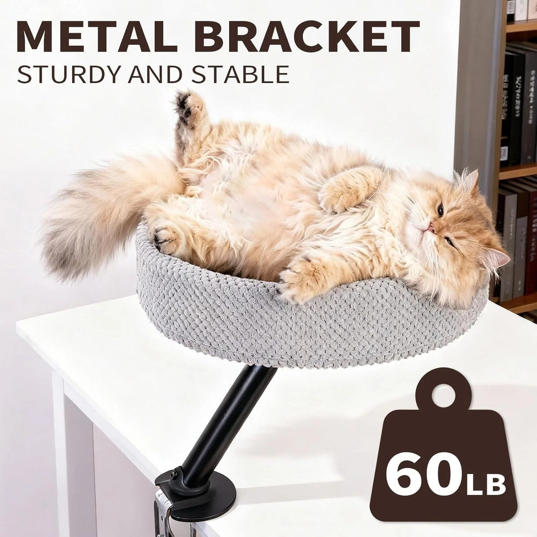 Close-up of a desk-mounted cat bed's sturdy clamp mechanism, ensuring secure attachment for pets.