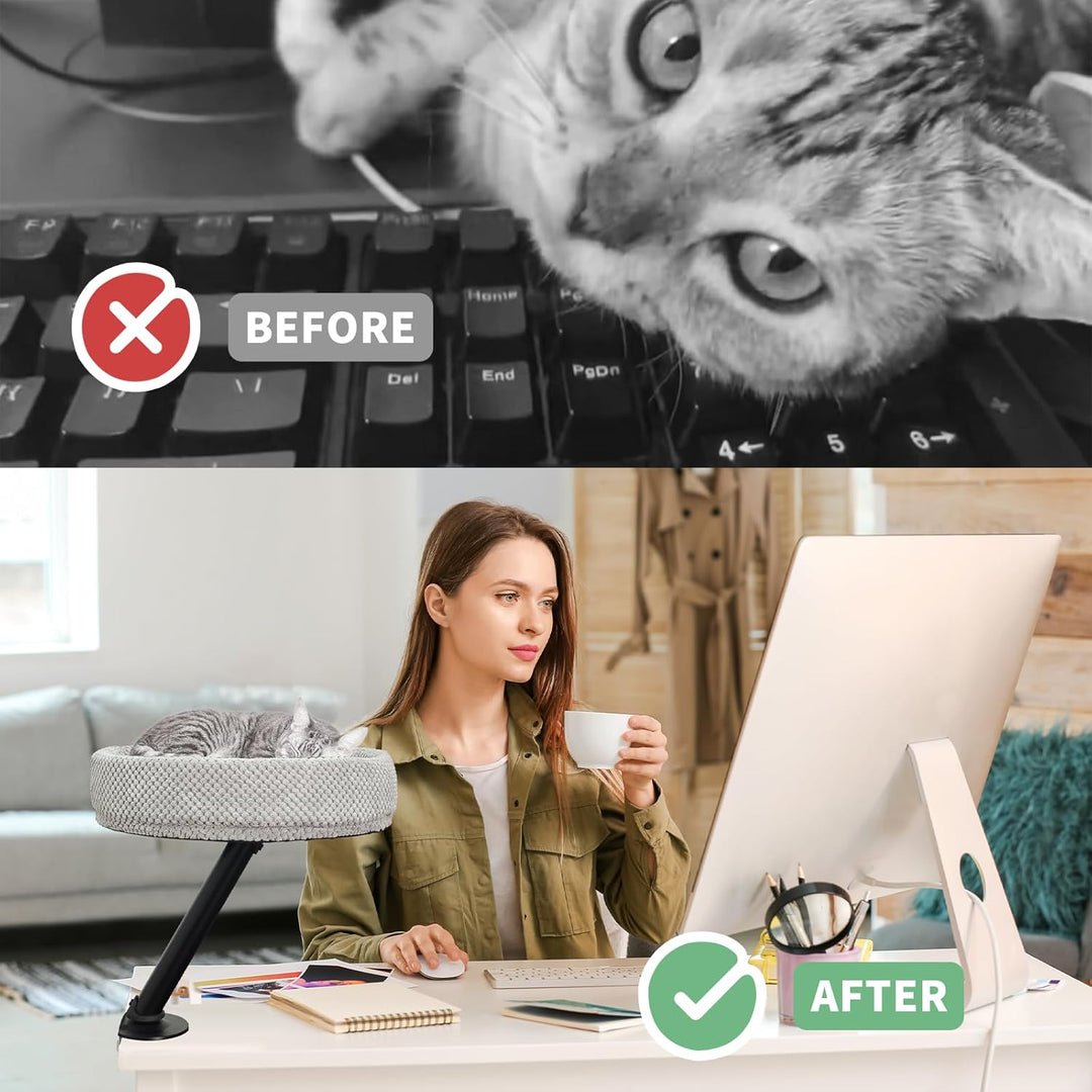 Stylish cat bed mounted to a white desk, offering a comfortable and elevated pet resting area.