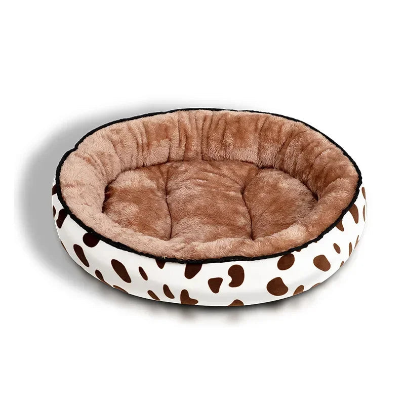 Modern donut dog bed with soft cushion & black dots, non-slip base for small pets