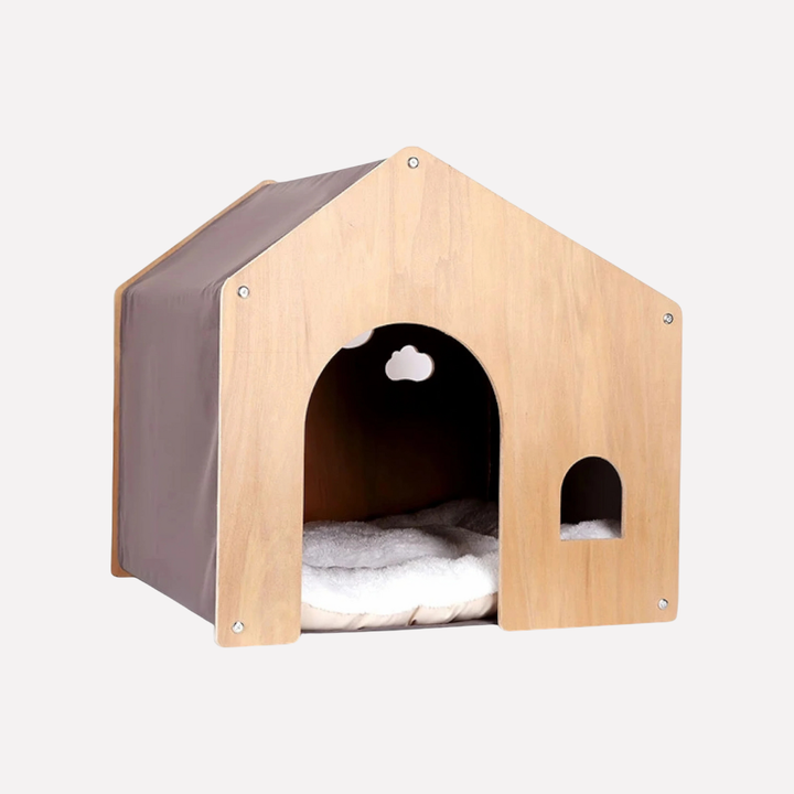 Stylish wooden cat bed, modern design with soft removable cushion, for comfortable pet relaxation.